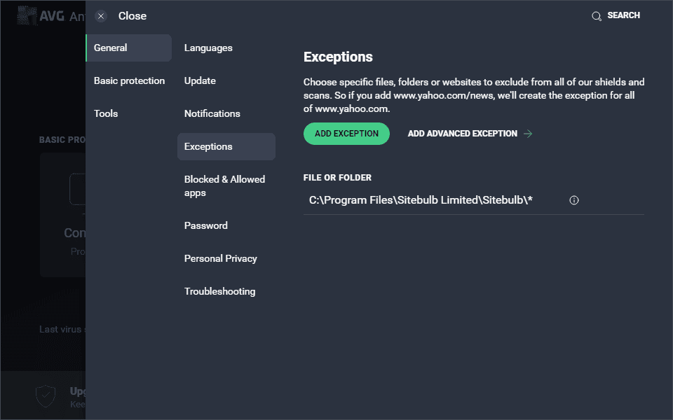 Sitebulb added as anti-virus exception