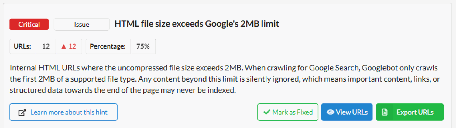 Indexability hint: HTML file size exceeds Google's 2mb limit
