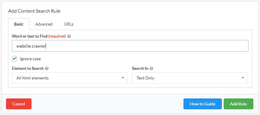 content search setup - Sitebulb screenshot