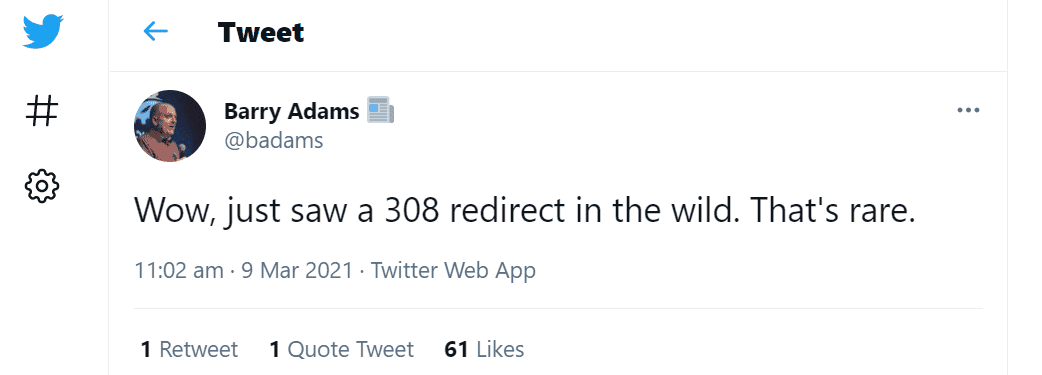 Barry Adams Tweet - 308 redirect