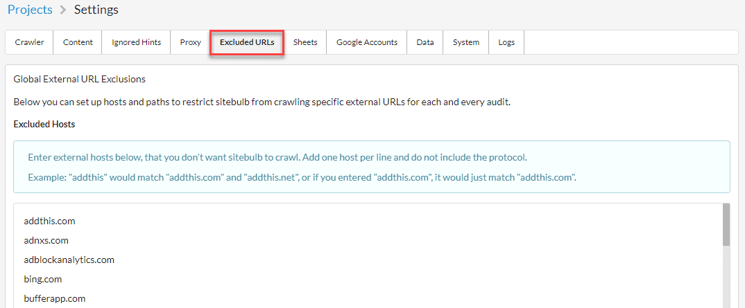 global settings excluding URLs
