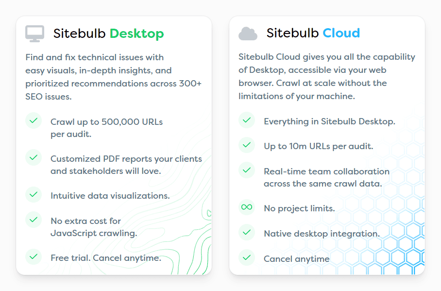 Sitebulb Desktop vs Sitebulb Cloud comparison table