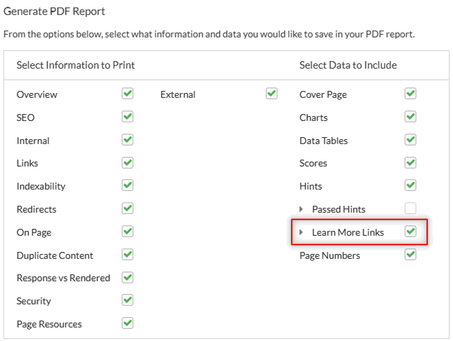 Learn More Links option