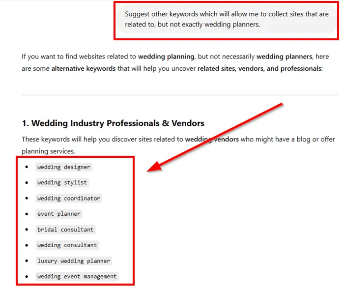 AI suggesting keywords in floating text bubbles, such as ‘websites related to wedding planners,” symbolizing AI-driven keyword brainstorming.
